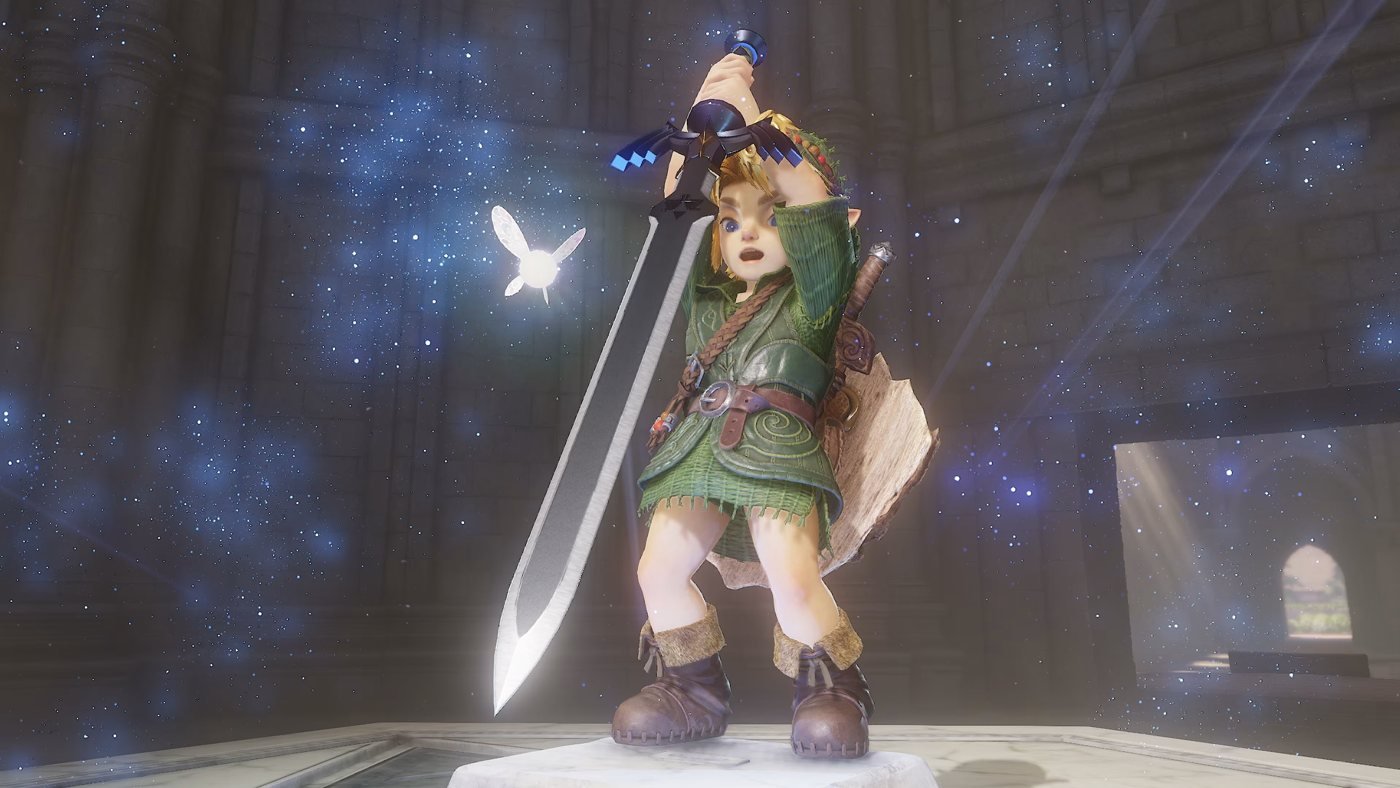 Videojuego The Legend of Zelda: Tears of the Kingdom, personaje Link con espada maestra.
