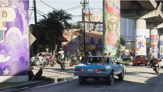 La imagen muestra un videojuego con vehículos y murales, texto visible: "E".