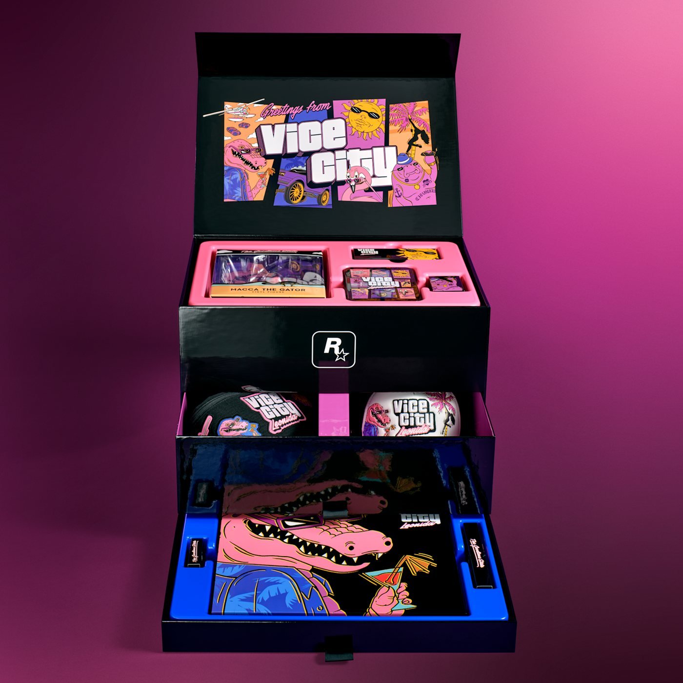 La caja abierta, con las once piezas que incluye la Vice City Collection